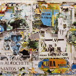 Colorful collage of torn posters on a wall